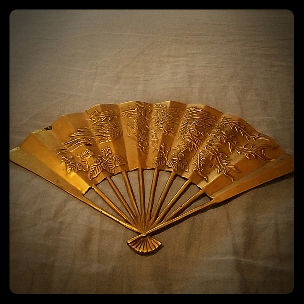 Vintage brass Phoenix bird and Sakura flowers fan